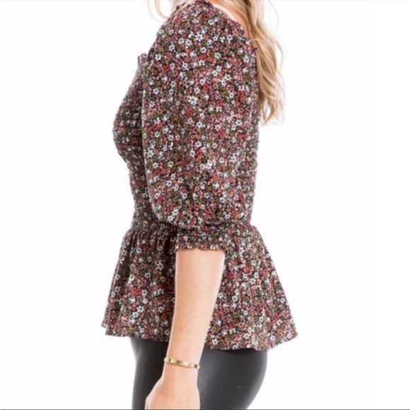 MAX Studio Floral Smocked Puff Sleeve Peplum Blouse Top | Size M - Picture 2 of 9
